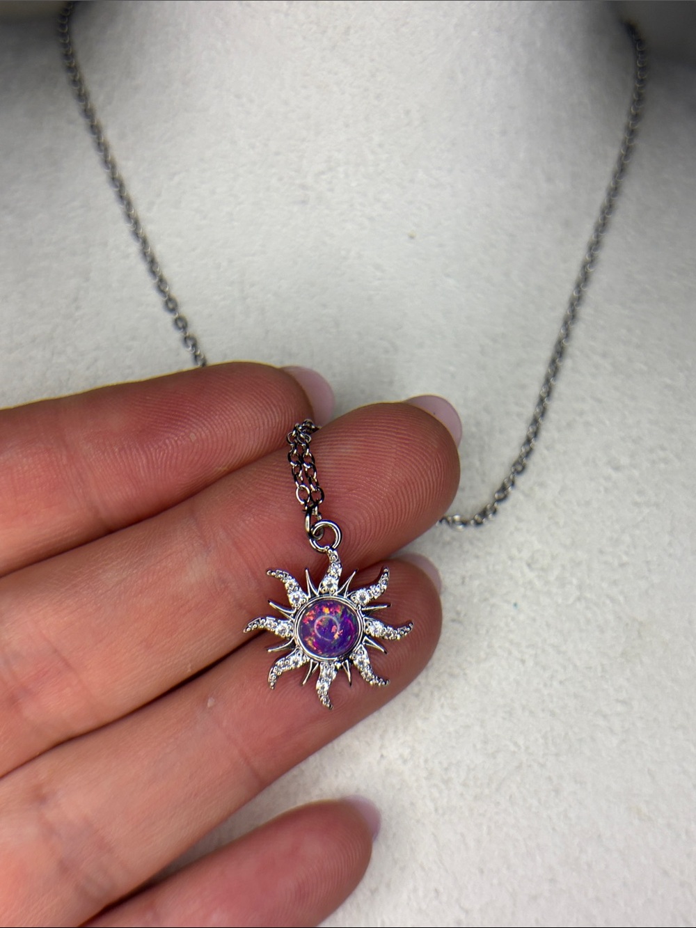 Simulated fire Opal  Sunburst Pendant Necklace Purple and silver